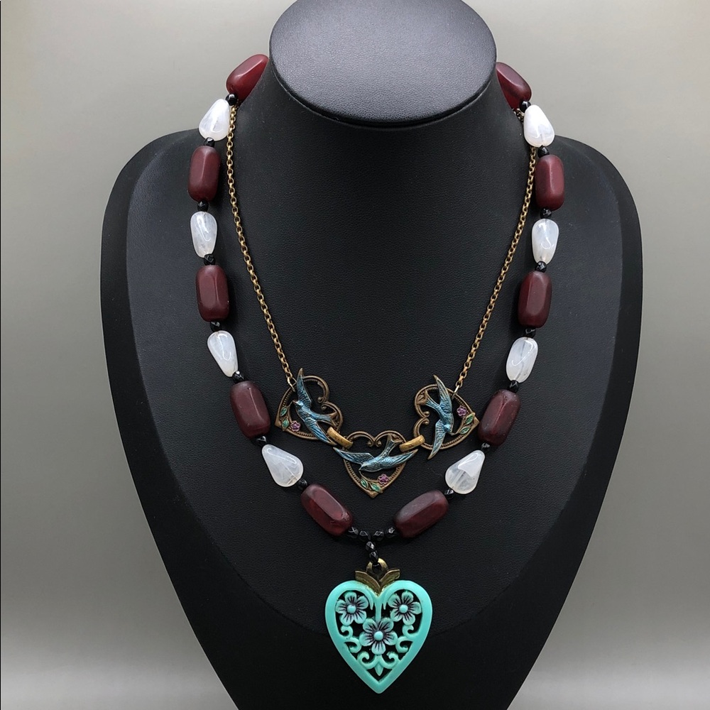 CH flower heart necklace + vintage birds chain necklace layered look boho. - Picture 9 of 9